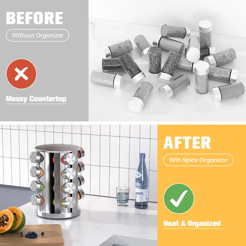 Rotating Spice Rack with 16 Seasoning Jars, Revolving Spice Organizer Stainless  - Picture 5 of 12