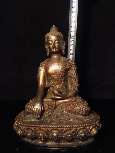 Statua Buddha Amitabha 8,7" Cina vecchio tempio buddismo tibetano bronzo dorato - Foto 4 di 14