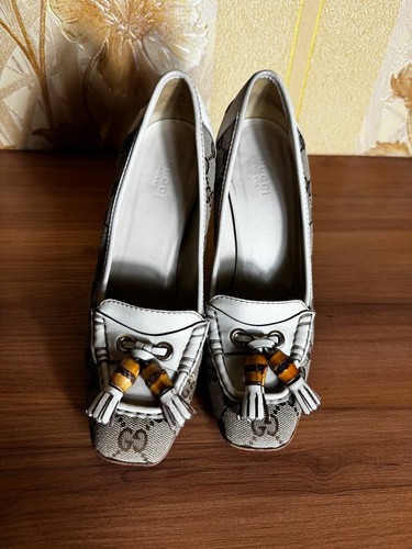 GUCCI Monogram Bamboo Square Toe Kitten Heels Pumps Size: 37/23-24cm Vintage - Picture 3 of 11