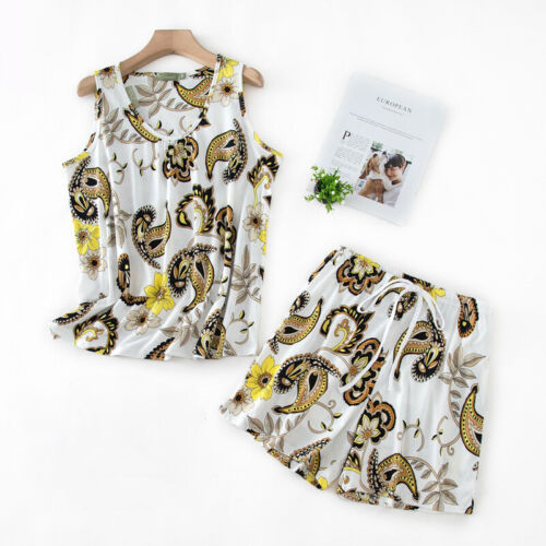 Womens Cotton Pajama Set Sleepwear Pj Cartoon Print Pyjamas Nightwear Sleeveless - Picture 9 of 56