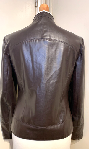 Size 10 Ladies Brown Faux Leather Bomber Retro Style Zip Closure Slim Fit Jacket - Picture 9 of 16