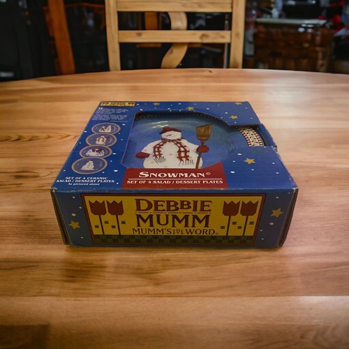 Debbie Mumm Sakura Set of 4 Blue Snowman 8" Salad Dessert Plates Christmas NEW - Picture 3 of 11