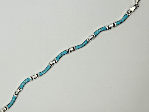 Native ~ Womens Turquoise Inlay Sterling Silver Link Bracelet 6.75" #979 - Picture 7 of 9