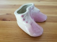 Vintage Pink Baby Shoes Bootie Ceramic Planter Small 2" Tall Nursery Decor 