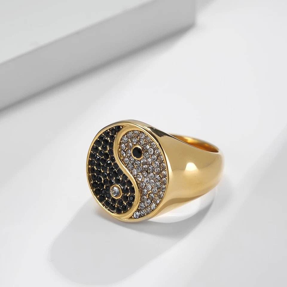 Anillo Tai Chi Yin Yang Negro Blanco Circonita cúbica Acero Inoxidable Sello Redondo Motociclista Hombres Anillo Foto 4 de 4