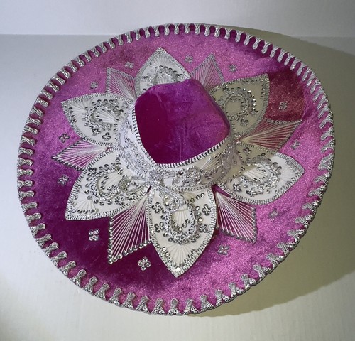 mariachi sombrero charro hat velvet pink and silver adult hat fabric MEXICO - Picture 9 of 18