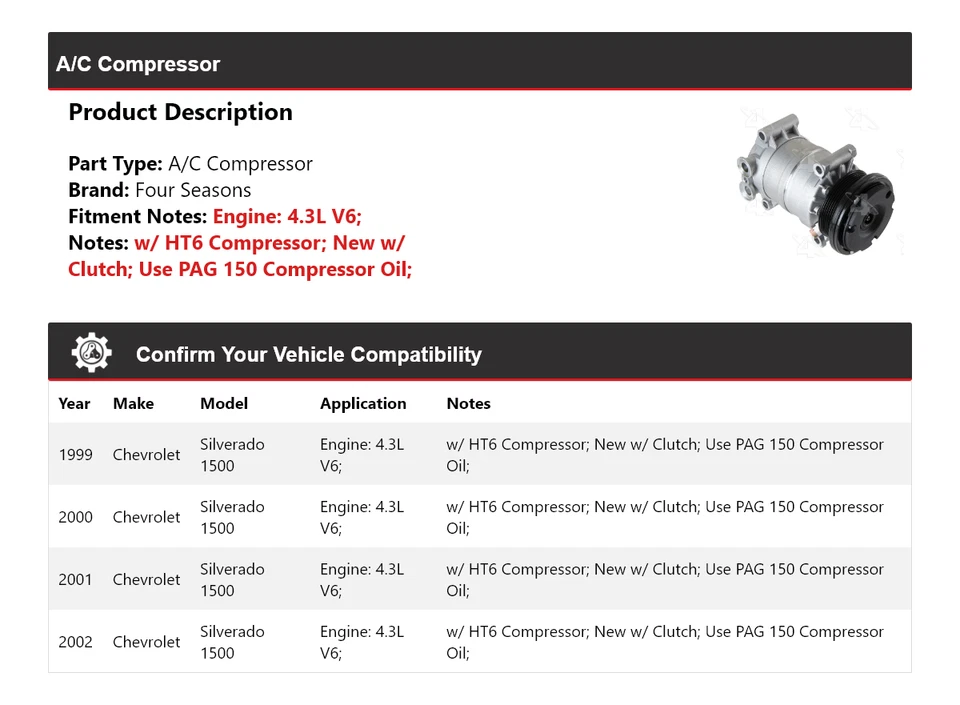 Para Chevrolet Silverado 1500 1999-2002 4,3 L V6 compresor de aire acondicionado 4 estaciones 2000 Foto 2 de 4