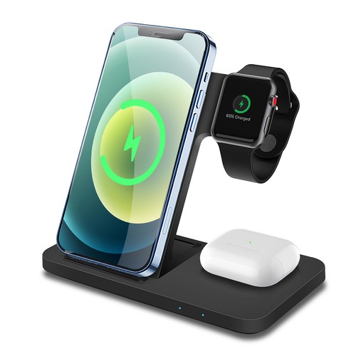 Wireless Charger Dock Ladestation 3in1 für Apple Watch Air Pods iPhone 13 12 XS - Afbeelding 1 van 13