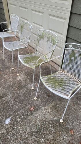 Vintage White Wrought Iron Patio Furniture Set Table & 4 Back Chairs - Picture 18 of 19
