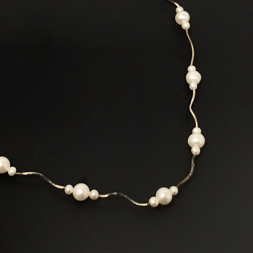Vintage Sterling Silver 925 Freshwater Ivory Pearl Wave Station Necklace 17-19