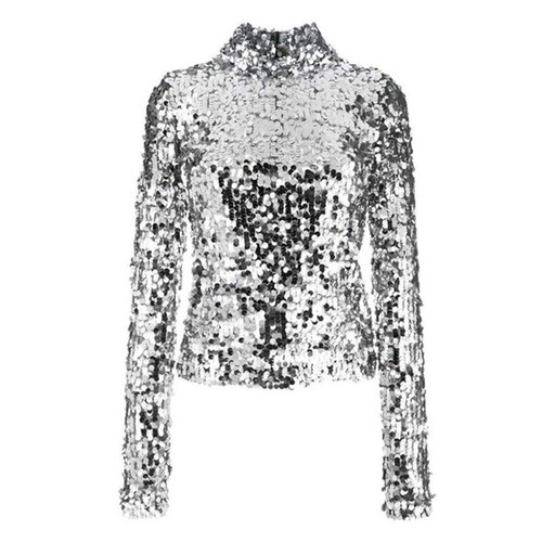 Women's Long Sleeve T-shirt Top Sparkling Punk Silver Sequin High Collar