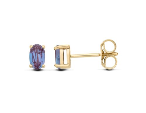 9ct Yellow Gold Alexandrite Oval Solitaire Stud Earrings - June Birthstone - Picture 6 of 9