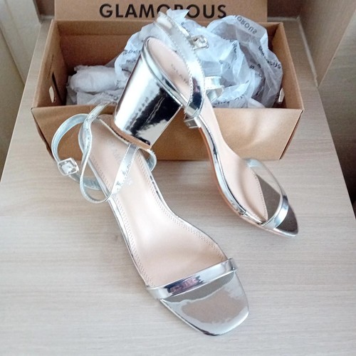 Ladies Chunky Silver Mirror Heeled Sandal By Glamorous Size Uk 5 Pre-Loved Once
