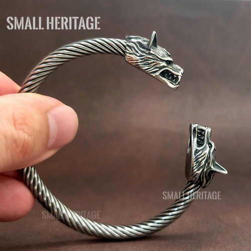 Viking Stainless Steel Cuff Norse Wolf Head Bracelet Bangle Adjustable Men Women - Picture 8 of 12