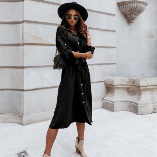 Women Long Sleeve Shirt Dress Ladies Ol Work Pleated Button Down Belt Midi Dress - Picture 15 of 24