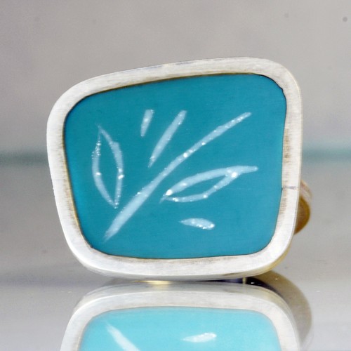 Quercus Silver Modern Resin Designer Handmade Turquoise Ring Size 8 - Picture 5 of 5