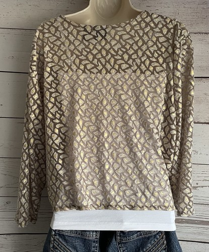 Chico's Travelers Collection Topper sz 3 sz XL Sheer Gold Brown Ivory Tie Front - Picture 3 of 7