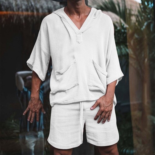 Mens Cotton Linen Sets Set Short Sleeve T Shirts Shorts Holiday Outfit 2-Piece - Picture 10 of 21
