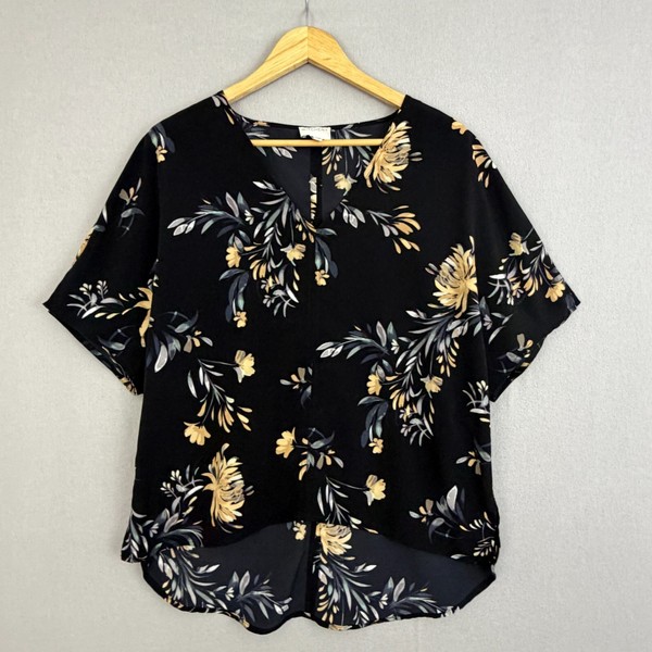 Witchery Top Womens 12 Black Yellow Blouse Floral Keyhole Dolman Sleeve Casual