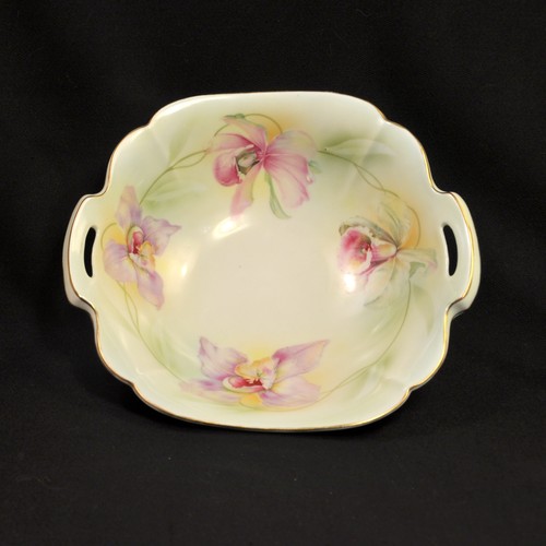 Prussian China Square Bowl E Schlegelmilch 1900 Hand Painted Orchids w/GOLD - Picture 3 of 12