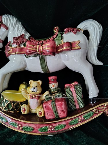 Vtg Christmas Ceramic Holiday White Rocking Horse Presents Toys Figurine W/ Box - Picture 3 of 6