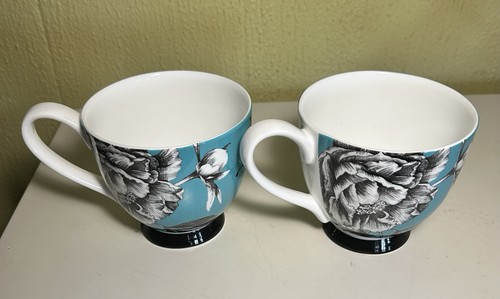 2-PORTOBELLO INSPIRE TURQUOISE BLACK FLORAL FOOTED BONE CHINA MUG Butterfly - Picture 3 of 9