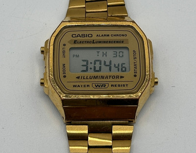 Casio Illuminator A168 Watch Men 35mm Gold Dial Gold Tone Chrono Alarm New Batt