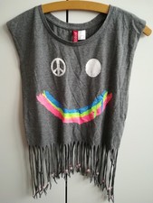 H&M T-shirt Top Gr. 36 grau mit Fransensaum und Perlen