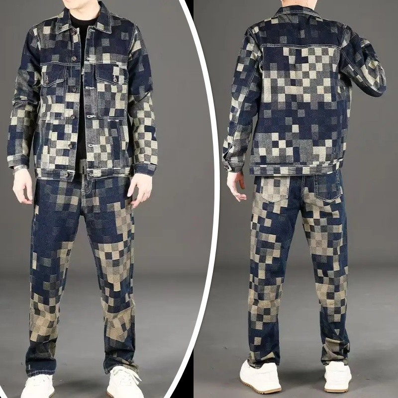 Men's Fashion Denim Set Checkered Print Casual Jacket and Matching Pants