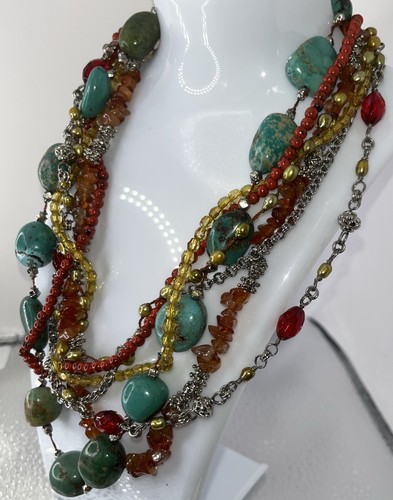 Necklace Multi Strand Turquoise Amber Tanzanite Silver Tone Bold Statement Chic - Picture 6 of 8