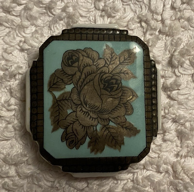 Vintage Brosche Porzellan SCHUMANN Bavaria Rosen goldfarben auf blauem Grund