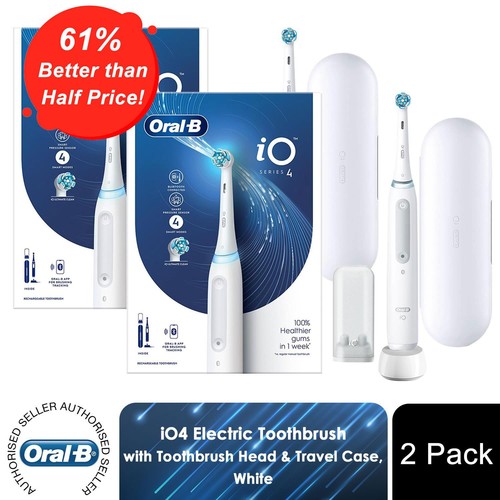 Oral-B iO4 Electric Toothbrush with Toothbrush Head & Travel Case White, 2 Pack - Afbeelding 1 van 10