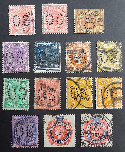 Australia Victoria 1901 part set with official perfin OS 1d to 5s