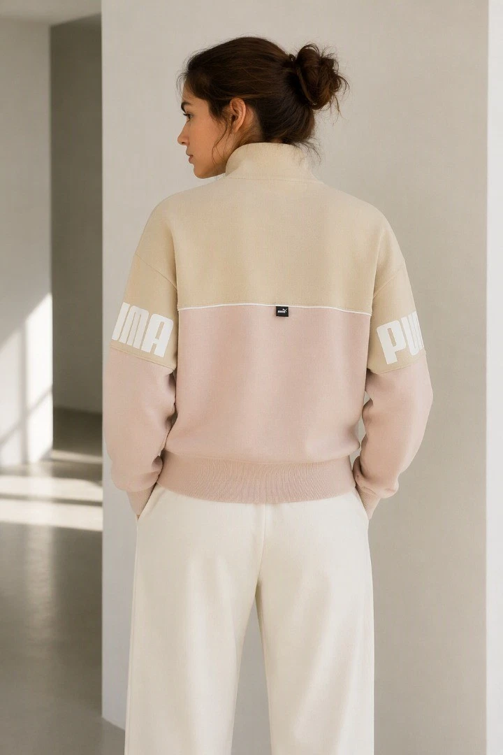 PUMA Women's Power Colourblock Crew Neck Sweatshirt Light Sand Size S BNWT