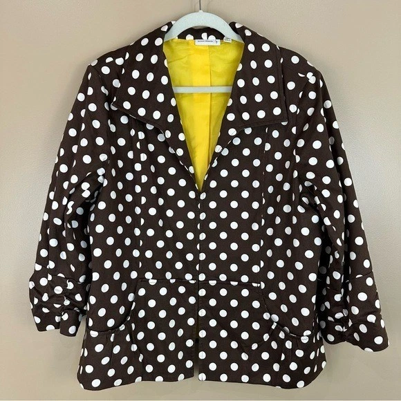 Susan Graver Brown Polka Dot Blazer Jacket with Yellow Lining XL Preppy Prep