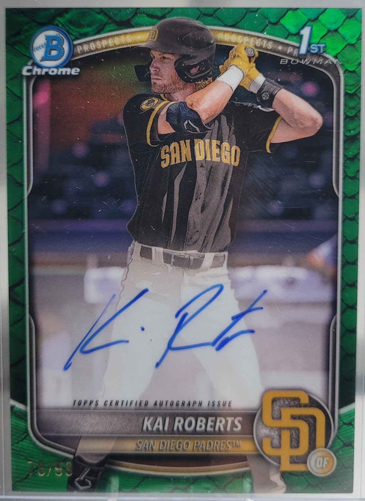 2025 Bowman Chrome Prospect Kai Roberts 1st Bowman Green Reptilian /99 Auto