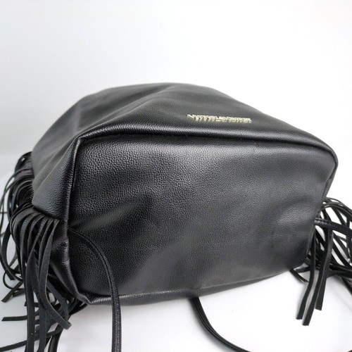 NWT Victoria's Secret Black Faux Leather Drawstring Fringe Sack Bag Backpack $85 - Picture 6 of 7