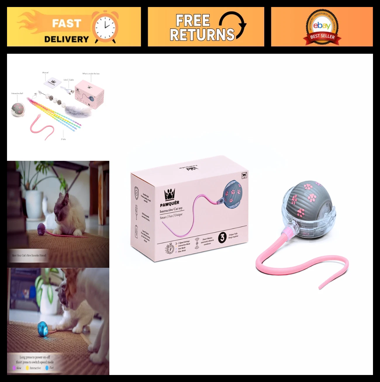 Interactive Cat Toys for Indoor Cats | 3 Detachable Tails | Rechargeable & Autom