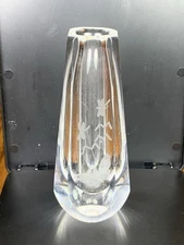 Vintage Orrefors Crystal Bud Vase Butterfly & Dragonfly Cut Glass Signed Art 5”t