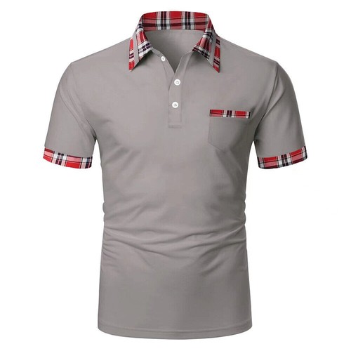 Mens Shirt Short Sleeve Tee Tops Plaid Designer Casual Muscle Golf T-Shirt Solid - Picture 26 of 26