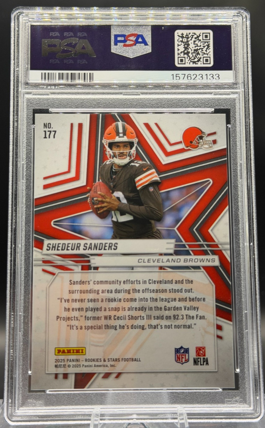 2025 Panini Rookies & Stars Shedeur Sanders RC Auto PSA 10/10 Browns #177 view 2