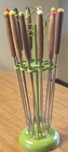 Vintage MCM Avocado Green Metal Fondue Fork Stand 12 Stainless Steel Forks Japan