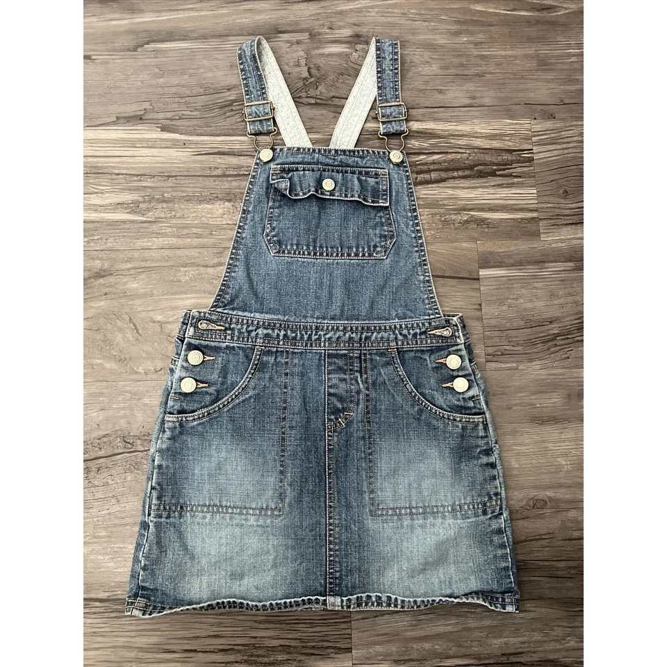 旧海军牛仔蓝色牛仔裤整体连衣裙女孩尺寸 7 浅水洗荷叶边 — 第 3/4 张图片