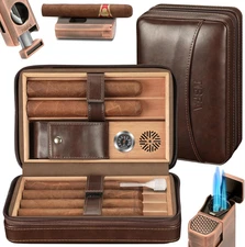 Cigar Humidor, Leather Cigar Case with Cigar Lighter, Cigar Cutter V Cut, Cigar 