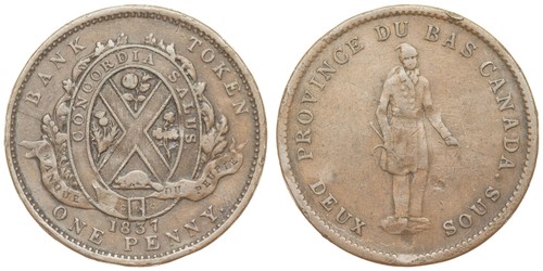 - 1837 Lower Canada Bank of Montreal One Penny Token Deux Sous Habitant - Picture 1 of 3