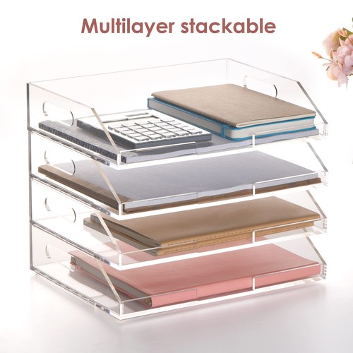 Clear Acrylic Stackable Letter Tray Desk Organizer 2 Tier A4 Paper Tray - Picture 4 of 6