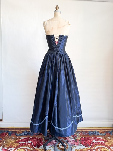 Vintage 80s 50s Blue Sharkskin Taffeta Full Skirt Party Dress Corset Lace M - Picture 7 of 11