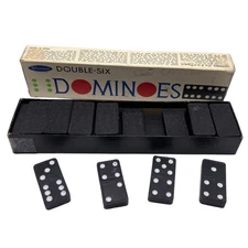 VTG Whitman Double-Six Dominoes Set (28 Pieces) – Black with White Dots + OG Box