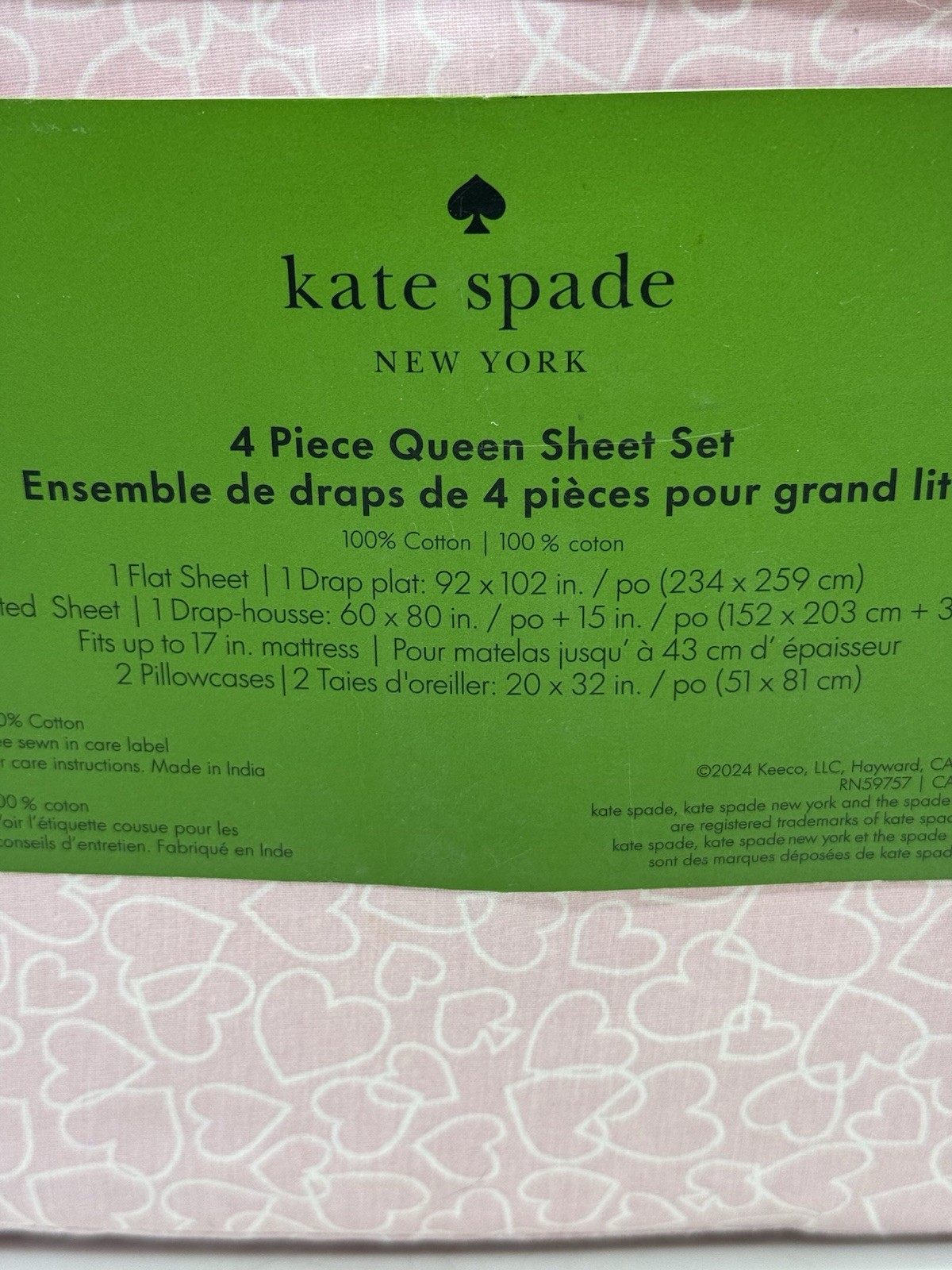 Kate Spade Queen Sheet Set 100% Cotton Percale Chalk Pink Outline Hearts NEW thumbnail 6