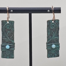 Artisan Copper Green Patina Dangle Earrings Turquoise Beaded Boho Women 2.5 Inch